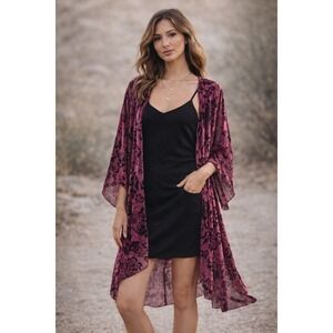 Woven Heart Velvet Burnout Floral Kimono Wrap One Size Boho Festival Fairycore
